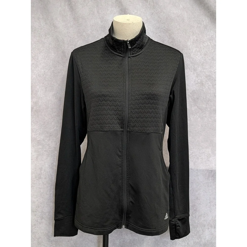 Adidas Golf Womens Full Zip Jacket Black Textured Mock Neck Athletic Size Medium